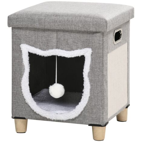 Maisonnette pour chat-avec-coussin-ottoman-et-grotte-tapis-griffoire-balle-jeu-antiderapant-gris-polyester-35,5x35,5x42,5cm (1/5)