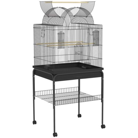 Volière-PerruchesOndulées-Canaris-PlateauÉtagère-StationAlimentation-Nichoir-Roulettes-AcierNoir-63x53x144cm