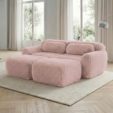 Canapé-lit modulable Boneless 2 places avec 2 poufs, tissu peluche doux rose, aucun montage, confort salon 204x179x73cm