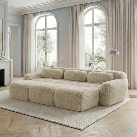 Canapé-lit modulable Cloud 3 places kaki clair, tissu peluche doux avec 3 poufs, confortable pour le salon 291x179x73cm
