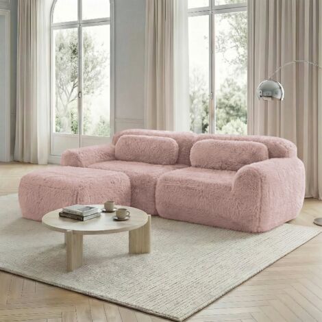 Canapé d'angle modulable 2 places rose, tissu peluche doux, prêt à l'emploi, idéal petits espaces 204x179x73cm