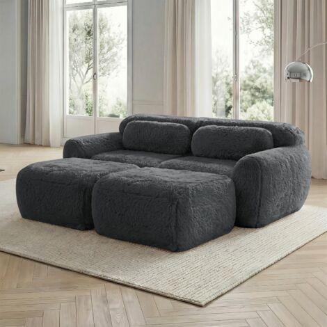 Canapé-lit modulable Boneless 2 places avec 2 poufs, tissu peluche doux gris, aucun montage, confort salon 204x179x73cm