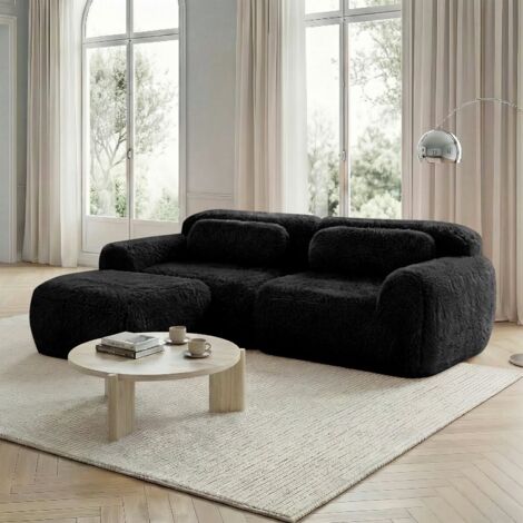 Canapé d'angle modulable 2 places noir, tissu peluche doux, prêt à l'emploi, idéal petits espaces 204x179x73cm
