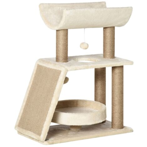 Arbre à chat naturel avec griffoir, jouets et coussin - 60x30x76 cm - Structure stable pour jeux et repos de votre chat (1/5)