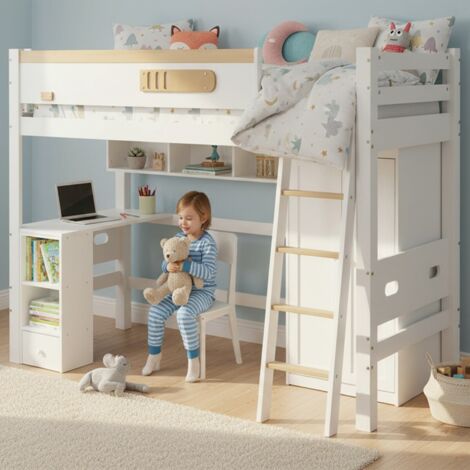 Lit mezzanine enfant avec grille, table et armoire, étagère, nombreux rangements, échelle 4 marches, pin/MDF, blanc/naturel, 90x200 cm (sans Matelas)