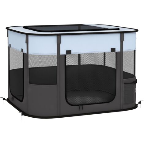 Chenil, enclos & parc chien pliable gris 74x60x45 cm. Pour chiots 4 kg, intérieur/extérieur, maille respirante, portes et fenêtres (1/5)