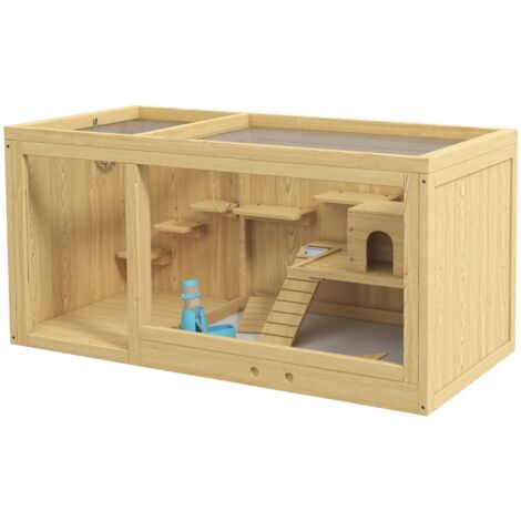 Cage en bois 100x50x50 cm pour hamster, gerbille et petits rongeurs avec toit ouvrant, balançoire et échelles - Habitat naturel (1/5)