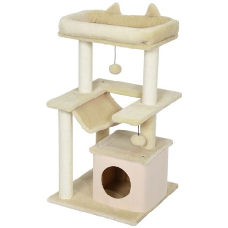 Arbre à Chat Crème avec Griffoir, Perchoir, Hamac et Jouets - Espace Jeu et Repos pour Chat, 48x48x90 cm, Structure Stable et Durable (1/5)