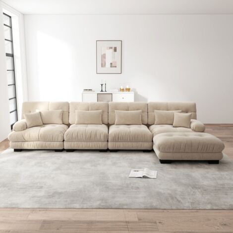 Canapé d'angle modulaire nuage 4 places, tissu chenille marron clair, confortable, avec pouf mobile et combinable DIY pour salon 406x145x81cm (1/5)