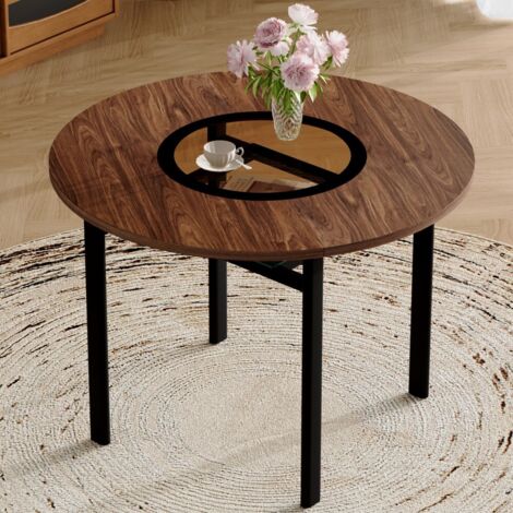Table de salle à manger ronde-design moderne-minimaliste-bois brun-verre brun-gris-métal--100x100x76cm (1/5)