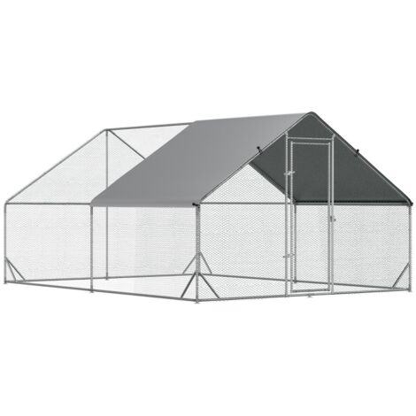 Poulailler extra-large en acier avec espace de vie, 300x400x200cm, toit ombragé et serrure – idéal pour 8 à 12 poules, canards ou lapins - Argent (1/5)