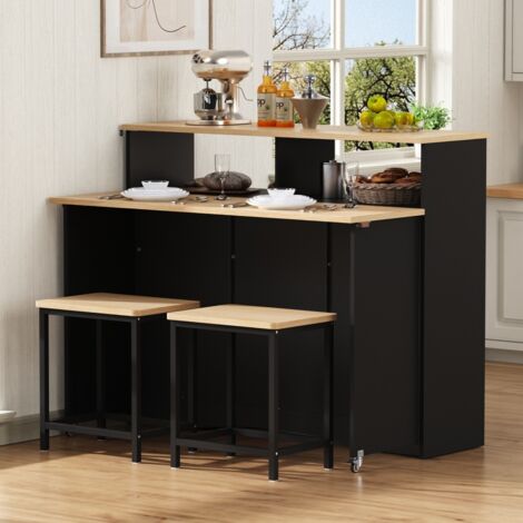 Buffet enfilade roulant noir, îlot cuisine extensible, rangements, coin repas chaises, meuble salle à manger 110x34x97,5cm (1/5)