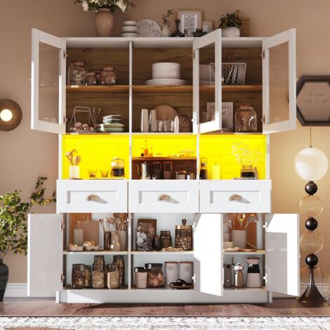 Buffet lumineux LED 140×40×175cm, armoire vitrine vaisselier blanc, étagères réglables, couleurs variables, meuble cuisine haut