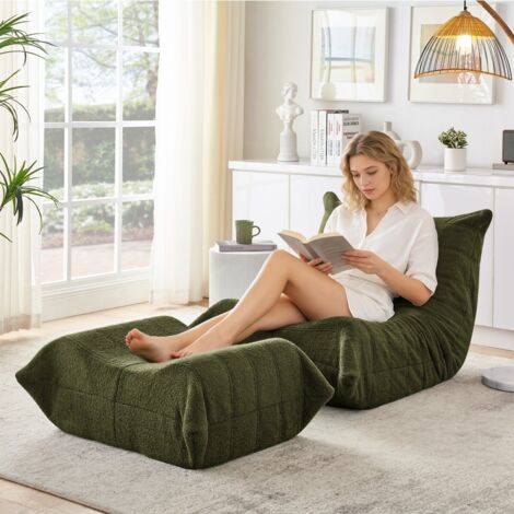 Fauteuil relax vert inclinable avec repose-pieds et pouf moelleux ours en peluche. Canapé confortable 1 place pour salon/chambre 100x90x70cm
