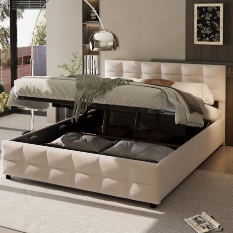 Lit double rembourré velours beige 180x200 cm avec sommier lattes & coffre hydraulique (sans Matelas) (1/5)