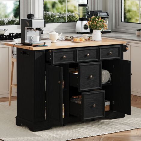 Îlot de cuisine extensible noir, avec étagères réglables, tiroirs et multiprises. Autoportant, idéal pour cuisine et salle à manger 130,5x40-65x92cm