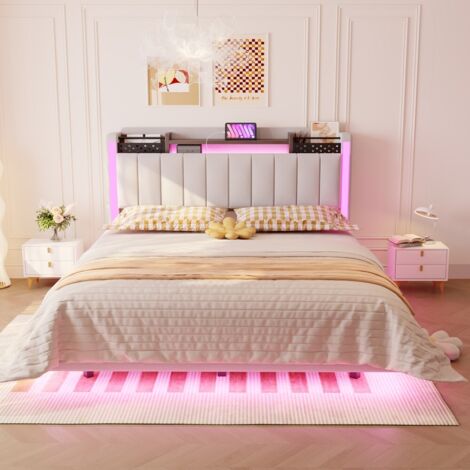Lit double-rembourré-LED-USB-rangement-lit flottant-adulte-lin beige-147x222x111cm-Sans Matelas (1/5)