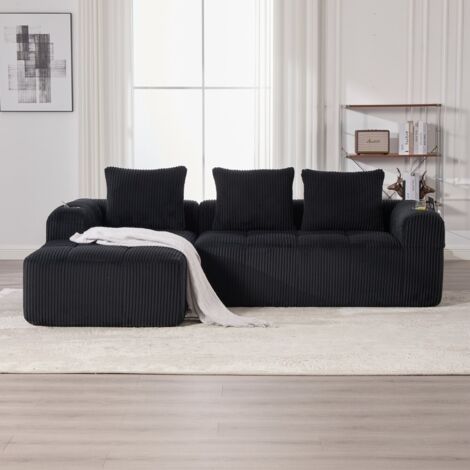 Canapé velours côtelé modulable - Poche latérale porte-boissons - Assise confort longue durée - 3 coussins-Salon-253x158x61cm (1/5)