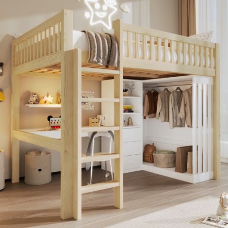 Lit Mezzanine 140x200 cm avec Bureau, Armoire, Tiroirs et Rangements – Naturel 205x151x180 cm (sans Matelas)