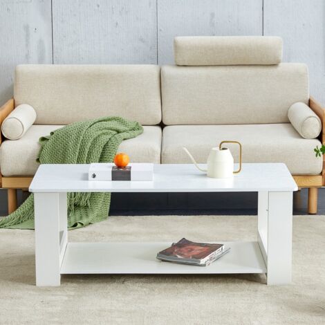 Table basse fixe-Bois blanc grain-2 niveaux rangement-Petit salon moderne-110x55x42cm (1/5)