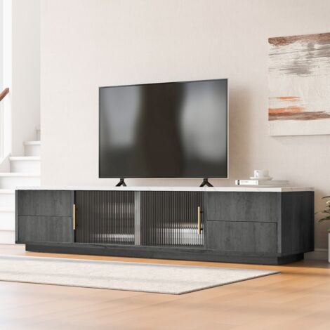 Meuble TV de luxe 160x40x38,5 cm gris effet marbre pour téléviseur 70" - Tiroirs ouverture pression, gestion câbles (1/5)