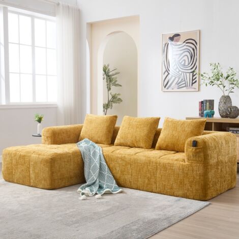 Canapé d'angle L 3 places jaune 250x158x60cm, chenille, livré monté, méridienne, accoudoirs, 3 coussins, poche latérale (1/5)