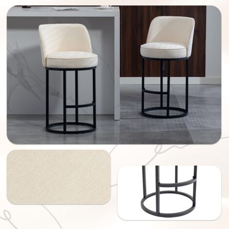 Lot 2 tabourets de bar lin 46,5x49,5x88,5cm, pieds métal noir, rembourrés, design moderne, pour cuisine ou îlot - beige (1/5)
