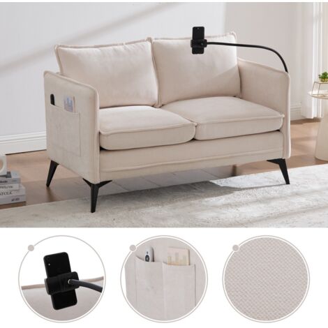 Canapé double moderne petit fauteuil en tissu avec rangement latéral + support téléphone 127x69x66cm - Beige (1/5)