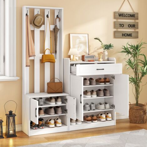 Ensemble meuble d'entrée blanc 140,6 x 32 x 180 cm – Armoire de couloir + rangement chaussures, mat, style scandinave