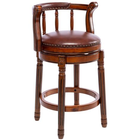 Tabouret de bar pivotant 360° cuir vachette et bois – Assise avec dossier, hauteur comptoir 55,12x55,12x86,11 cm - marron (1/5)