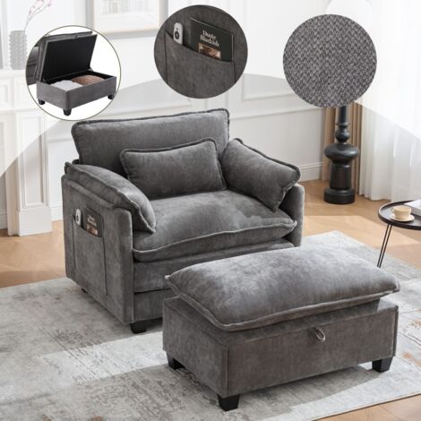 Fauteuil lounge surdimensionné en velours 103x85x91 cm, avec repose-pieds, poches latérales et coussins, confortable pour salon et chambre - Gris (1/5)