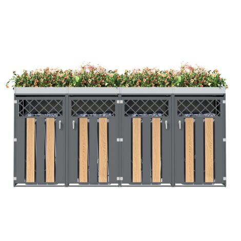 Cache-poubelle extérieur 132x80x124,5cm verrouillable, uatre portes, rangements, aération losange et espace plantation intégré - Gris, Bois