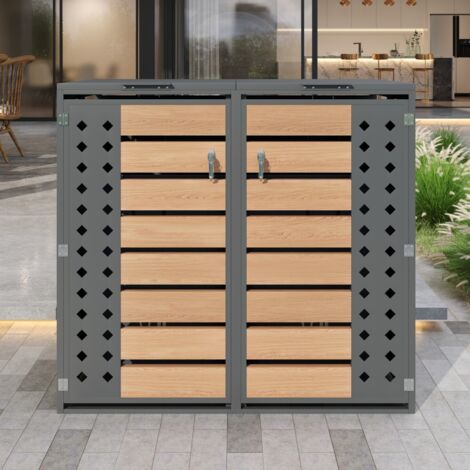 Cache-poubelle extérieur rangement bois verrouillable deux portes couvercle charnière losange 132x80x118,5cm ranger poubelles - Gris, Bois