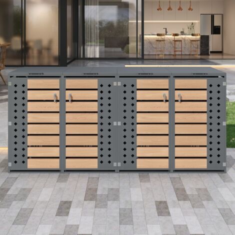 Cache-poubelle extérieur rangement bois verrouillable quatre portes couvercle charnière losange 132x80x118,5cm ranger poubelles - Gris, Bois