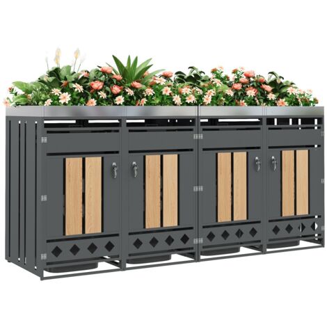 Cache-poubelle verrouillable quatre portes avec espace plantation, panneaux bois à grain vertical et fond losangé 132x80x124,5cm - Gris