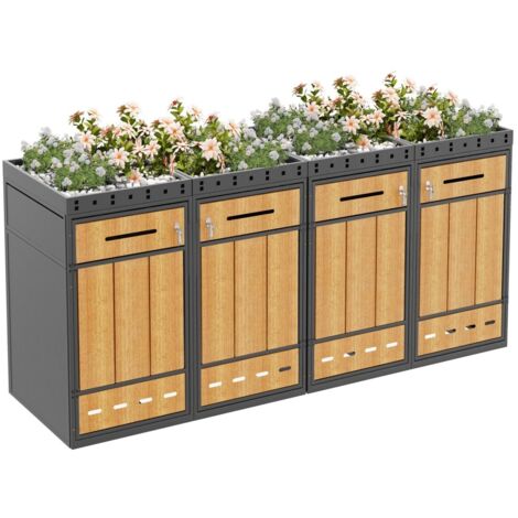 Cache-poubelle 132x80x124cm toit végétalisé, 4 compartiments 120-240L, armoire coffre à poubelles extérieur jardin - Gris, Bois