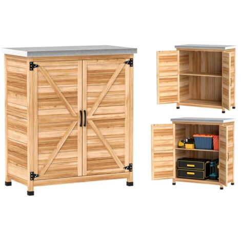 Armoire de jardin avec établi et étagère 79x43x92 cm, coffre rangement bois épicéa et acier galvanisé, meuble extérieur couleur bois