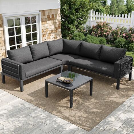 Ensemble mobilier jardin 4-5 places : table basse verre trempé + structure fer galvanisé + coussins gris, pieds réglables 114x60x70,5cm (1/5)