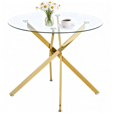 Table de salle à manger ronde, plateau verre trempé, pieds dorés, design moderne minimaliste, table basse 80x80x76cm (1/5)