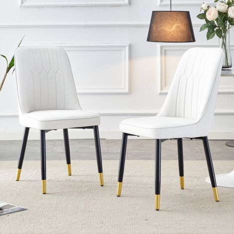 Lot de 2 chaises de salle à manger modernes blanches, cuir PU blanc, pieds métal noir, pour salle à manger, cuisine et chambre 43x41,5x89cm (1/5)