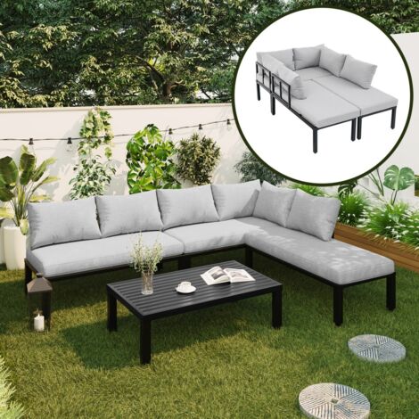 Ensemble salle à manger de jardin 6 places, structure fer galvanisé, dossier amovible, modulable, pieds réglables, plateau métal, gris 260x194x84cm (1/5)
