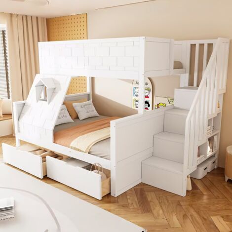Lit superposé enfant bois massif échelle sécurité tiroirs fenêtre lit 90x200 & 140x200 pour chambre d’enfant (sans Matelas) (1/5)