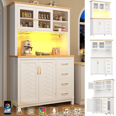 Buffet cuisine meuble rangement campagnard 4 portes LED porte-gobelets 105,5×40×180 cm blanc