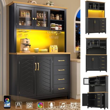 Buffet cuisine meuble rangement campagnard 4 portes LED porte-gobelets 105,5×40×180 cm noir