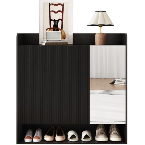 Meuble à chaussures noir rayures verticales, miroir pleine longueur, grande capacité, étagères multiples 110x35,5x110 cm (1/5)