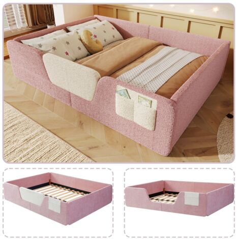 Lit enfant capitonné 140x190 cm, barrières amovibles, sac de rangement tissu, velours rose, design doux et sécurisé, lit double (sans matelas)