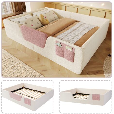 Lit enfant capitonné 140x190 cm, barrières amovibles, sac de rangement tissu, velours beige, design doux et sécurisé, lit double (sans matelas)