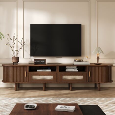 Meuble TV ovale 170x40x40 cm, 2 tiroirs rotin, 2 portes coulissantes, pour téléviseurs jusqu'à 70", finition noyer (1/5)