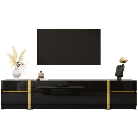 Meuble TV moderne brillant avec bords dorés, tiroirs et portes, grand rangement pour salon, dimensions 180×40×38 cm - Noir (1/5)