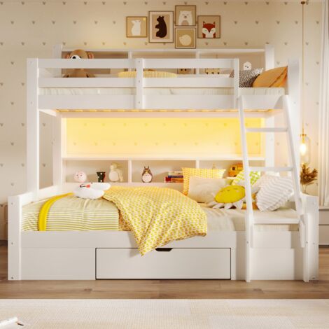Lit Superposé-échelle réglable-barrières sécurité-LED intégrée-rangements ouverts-1 tiroir-205x90x34,5+205x167x174,5cm-Sans Matelas